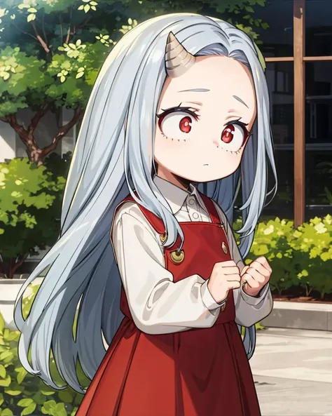 1girl, solo, standing, 
 <lora:eri-lyco-nochekaiser:1>, eri, long hair, (red eyes:1.5), grey hair, horns, child, single horn, female child,
shirt, long sleeves, dress, white shirt, collared shirt, red dress, pleated dress,