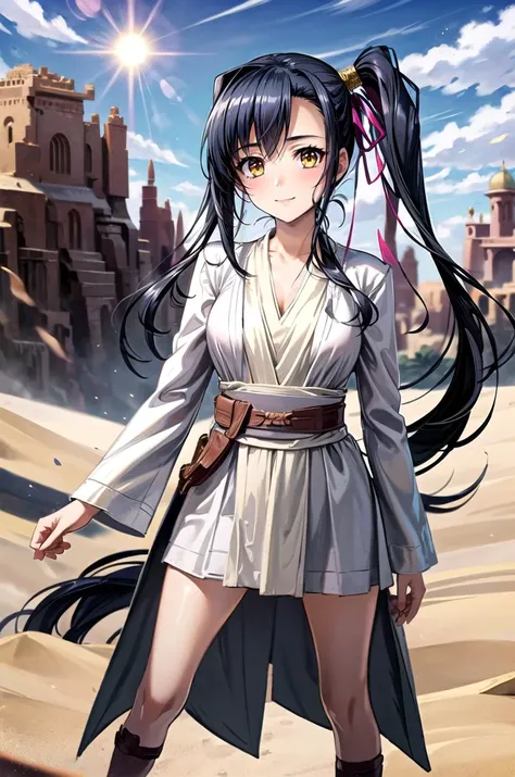 (masterpiece, best quality, detailed), 1girl, solo, looking at viewer, <lora:kanu:0.7>, kanu, long hair, side ponytail, hair ribbon, hair ornament, <lora:JediOutfit:1>, JediOutfit, robe, belt, desert, sand, dust, sun, contrapposto, smile, closed mouth