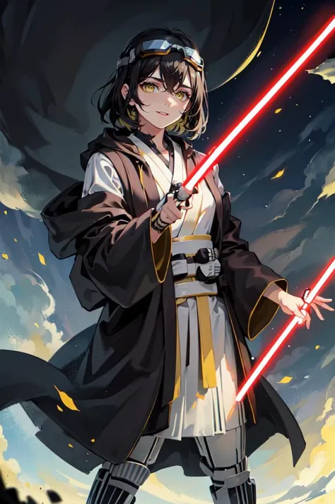 solo, <lora:JediOutfit:1> JediOutfit, robe, belt, boots, (yellow eyes, red lightsaber:1.5), death star,, absurdres, ultra detailed, masterpiece, best quality, aesthetic, detailed,, ultra detailed, masterpiece, best quality, solo, smile, 1boy, green eyes, s...