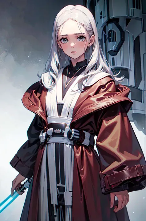 <lora:JediOutfit:1> JediOutfit, robe, belt, boots, weapon over face, (portrait, white lightsaber:1.35),, absurdres, ultra detailed, masterpiece, best quality, aesthetic, detailed,, serious, 1girl, (white eyes:1.1), (grey eyes:1.3), white hair, very long ha...