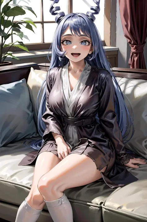 anime girl with blue hair sitting on a couch in a room