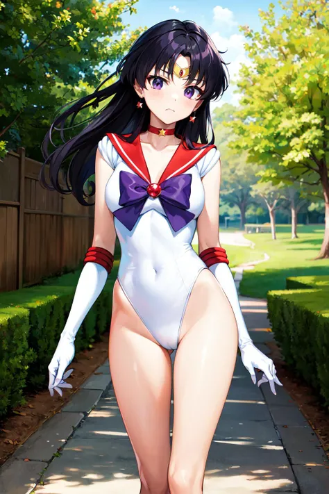 masterpiece, best quality, highres, sama1, tiara, sailor senshi uniform, white gloves, red sailor collar, star choker, elbow gloves, bare legs, purple bow, <lora:sailor_mars_v1:0.7>, white leotard, frown, standing, cowboy shot, outdoors