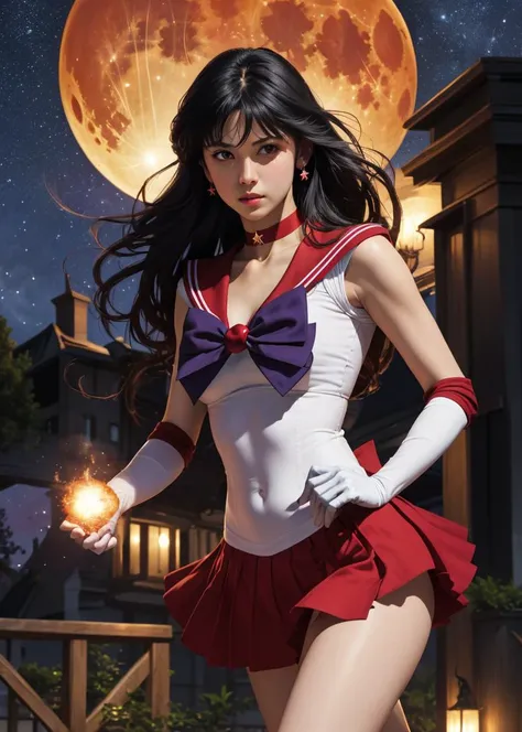 (8k, best quality, masterpiece:1.2), (realistic, photo-realistic:1.4), ultra-detailed, scene from movie, upper body shot, Sailor Mars fighting, holding a large fireball on her palm, sama1, tiara, skirt, sailor senshi uniform, white gloves, red sailor colla...