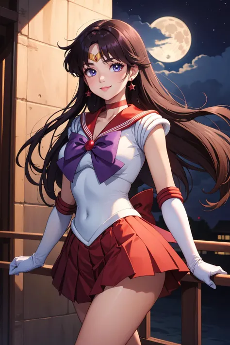 masterpiece, best quality, highres, absurdres, ultra detailed, pretty eyes,
sama1, tiara, sailor senshi uniform, white gloves, red sailor collar, red skirt, star choker, elbow gloves, pleated skirt, bare legs, purple bow
blowing kiss, cowboy shot, night, o...
