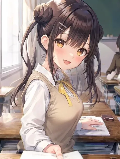 <lora:POVbackClass:0.7> POVbackClass, 1girl, solo, breasts, looking at viewer, blush, smile, open mouth, bangs, brown hair, shirt, red eyes, long sleeves, ribbon, holding, twintails, brown eyes, sitting, school uniform, white shirt, :d, collared shirt, ind...