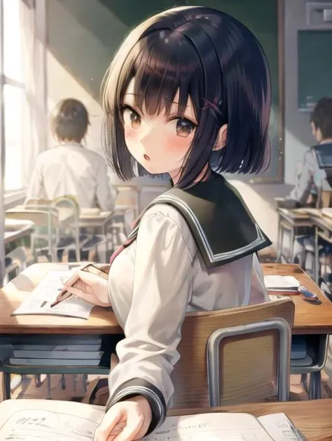 <lora:POVbackClass:0.7> POVbackClass, looking at viewer, blush, short hair, open mouth, bangs, multiple girls, skirt, brown hair, shirt, black hair, long sleeves, holding, brown eyes, sitting, school uniform, multiple boys, serafuku, solo focus, looking ba...