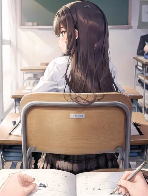 <lora:POVbackClass:0.7> POVbackClass, 1girl, long hair, skirt, brown hair, shirt, long sleeves, 1boy, holding, sitting, white shirt, pleated skirt, solo focus, indoors,  from behind, pov, plaid skirt, chair, trembling, desk, brown skirt, pen, classroom, sc...