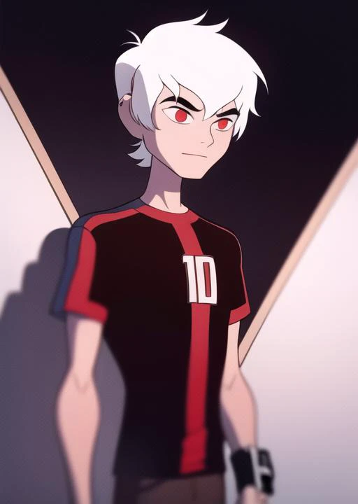 <lora:benov-08:1> benov, white hair, eye bags, red shirt, black stripe on shirt, black pants, masterpiece, best quality