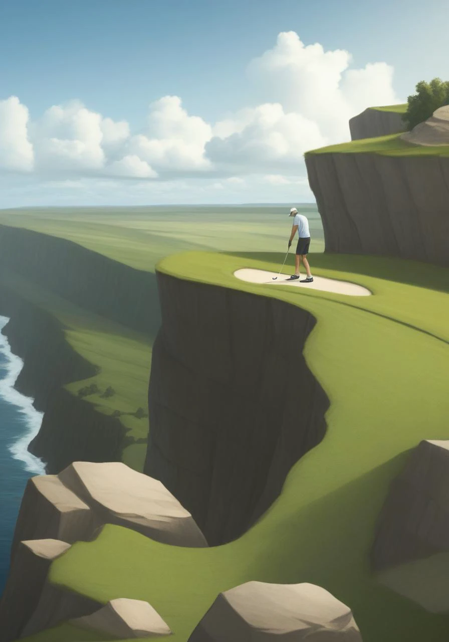 cartoon of a man on a golf course overlooking a cliff