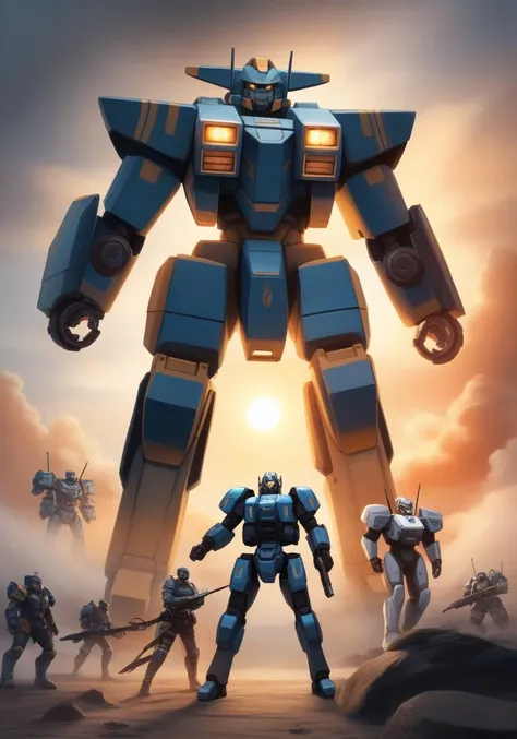 a poster of a giant robot standing in front of a group of soldiers