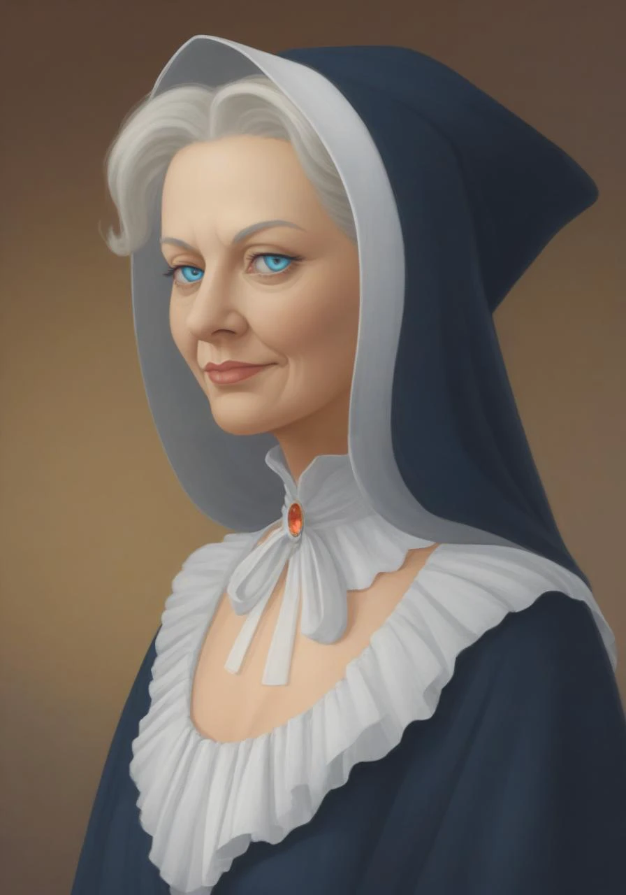 a painting of a woman with a blue hood and white dress