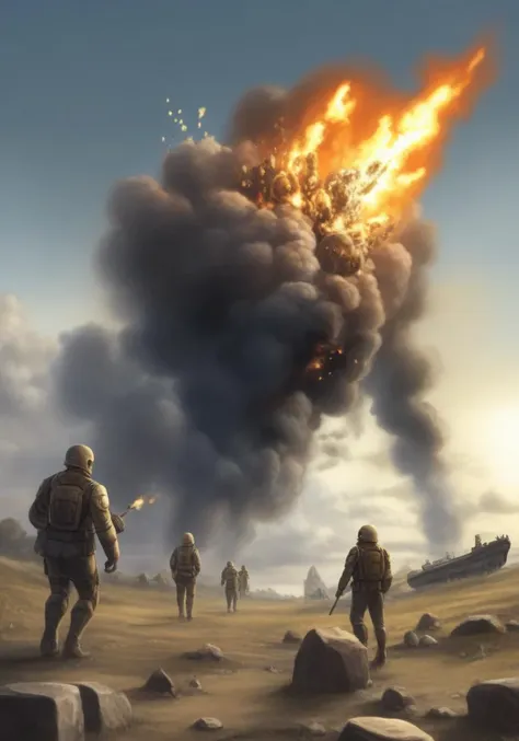 a group of soldiers are walking through a desert with a large explosion in the background