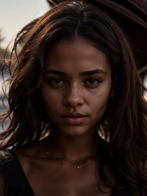 a close up of a woman with long hair and a black top