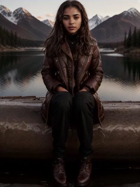 tv_daisy_jones_mxai , sad expression, wearing a winter coat, wearing winter pants, wearing winter boots, sitting on a rock by a ...