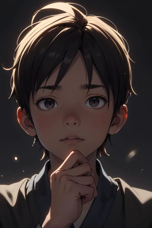 a boy with a black shirt and a tie is looking at something