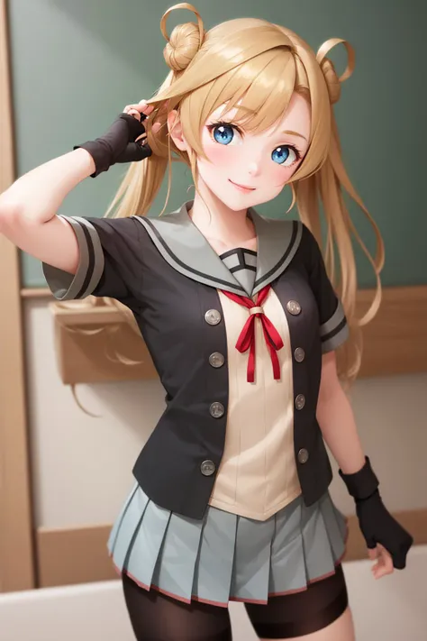 (masterpiece, best quality:1.2), <lyco:kancolle_abukumakaini-10:1.0>, cowboy shot, solo, 1girl, abukuma kai ni, smile, looking at viewer, hand in own hair, double bun, hair rings, twintails, school uniform, jacket, serafuku, neck ribbon, short sleeves, ple...