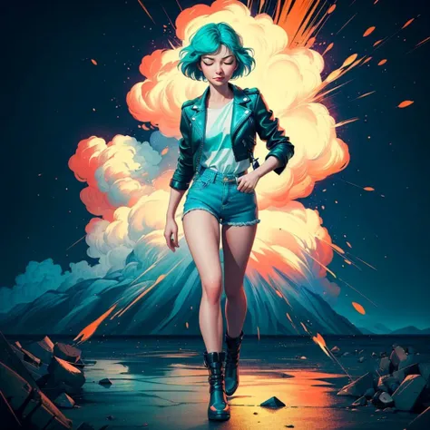 (((masterpiece, best quality, high quality, aipub))), full-body shot of a gorgeous woman with short straight green hair and small narrow teal eyes, scared, closed eyes, closed mouth,, leather jacket outfit, , in a crazy action movie scene with explosions