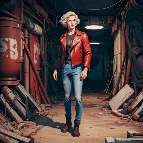 (((masterpiece, best quality, high quality, aipub))), full-body shot of a gorgeous man with short curly platinum hair and big wide platinum eyes, contempt, open eyes, closed mouth,, leather jacket outfit, , in Fallout
