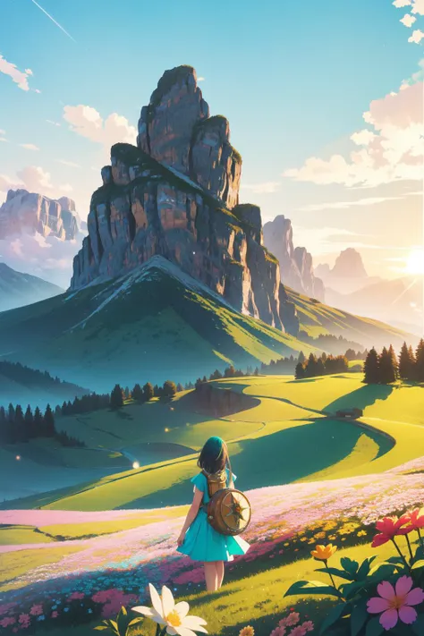 1girl, studio Digital artwork, Rule of Thirds, landscape of a Tiki Neat ([Indonesia|The Dolomites]:1.3) in the distance there is The Scottish Highlands, Ethereal flower field and water, at Sunrise, Detailed illustration, Dark, Grindhouse, Teal lighting, pi...