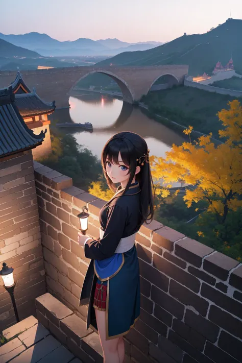 1girl, landscape of a (Glasgow:1.1) from inside of a Great Wall of China, it is Unusual, Thai water, at Twilight, Masterpiece, Dark, Single Color