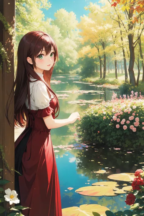 1girl, [landscape art designed by Claude Monet| Ross Tran], impressionism art, Nasty Burgundy and Forest Green "Im a dreamer, Im a believer.", with a portal to another world Wide view, spotlit