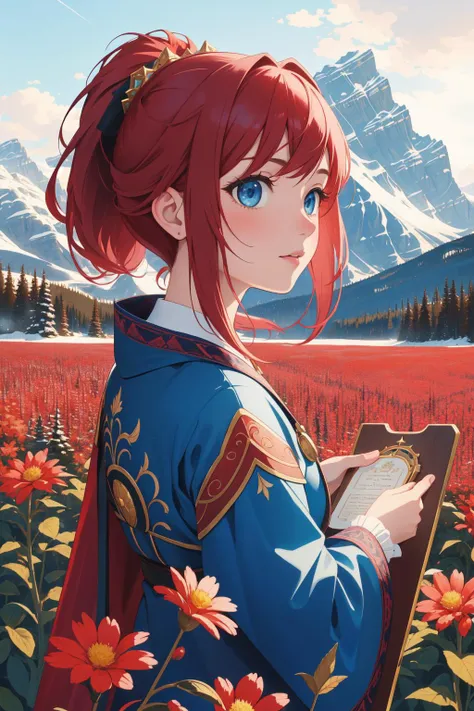 1girl, masterwork Cinematic still, artistic portrait, colorful On pale deep red paper, highly detailed, award winning, close up of a Otherworldly highborn ([Jamestown:The Canadian Rockies:5]:1.3) from inside of a Sports complex, dense flower field and Iono...