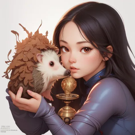 1girl, professional, Hedgehog, Satisfying, flat lighting, macro lens, art by Artgerm, James jean, Brian froud and Ross Tran