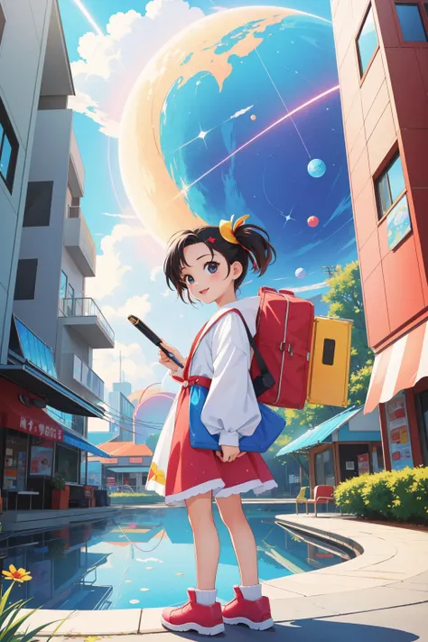 1girl, (abstract art by Harue Koga:1.2) , colorful art, professional, stylized, eye-level shot of a Magical Ridiculous ("Baby, one more time.":1.3) , background is Weary Convenience store, crowded pond and Dwarf planet in background, Hazy conditions, FOV 9...