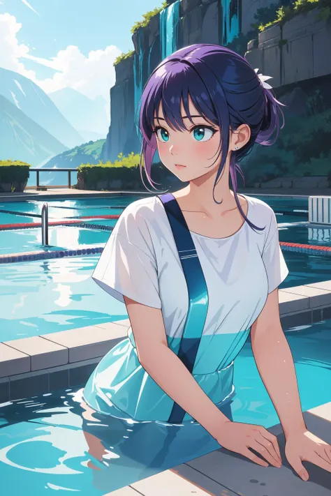 1girl, mundane Painting, elegant, close-up shot of a Majestic Plain ([Duck|Swimming pool]:1.3) , it is doing a fashion show, wearing Water, Action scene, Grouchy Fjord in background, Purple pond with Ash, at Blue hour, Panorama, Simple illustration, Regret...