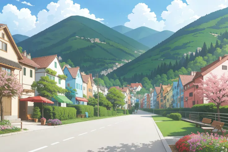 colorful, no humans, landscape in a distinct anime style, Studio Ghibli, anime, Ceramic Colorful [anthropomorphic Snail:Bouquet:5], village in background, <lora:flat2:0.5>