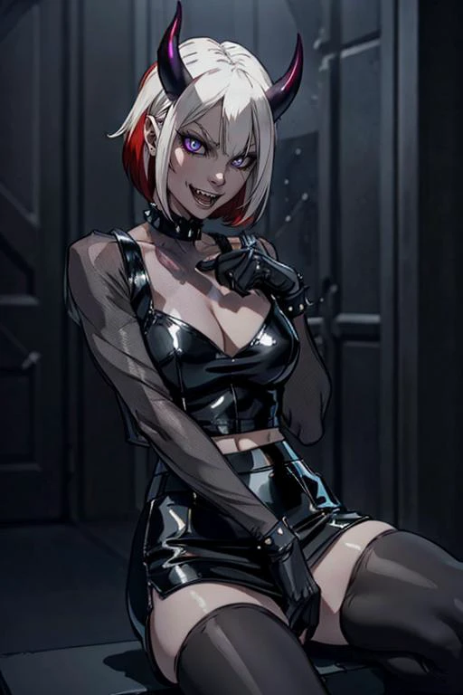 lineart, beautiful demonic woman, sexy, white long hair,big fangs, horns, <lora:rogue_(x-men):0.7> evolutionrogue, short hair, skirt, shirt, gloves, pantyhose, multicolored hair, choker, black gloves, miniskirt, black skirt, collar, two-tone hair, see-thro...