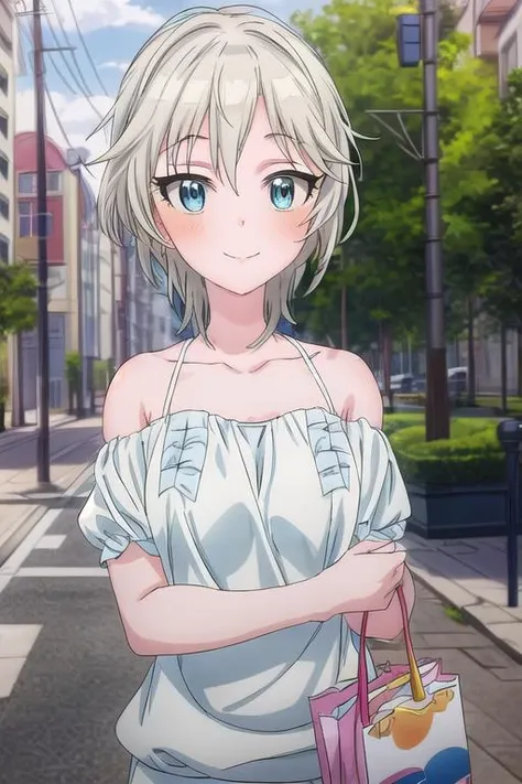 masterpiece, best quality,1girl,ultra detail,<lora:GoodHands-vanilla:0.8> <lora:anmnr01:0.3> <lora:add_detail:0.5>,outdoor ,casual town,stylish angle <lora:anastasia-idolmaster:0.7>,anastasia,white fluffy onepiece,smile,blush,close up,bare shoulder,shoppin...