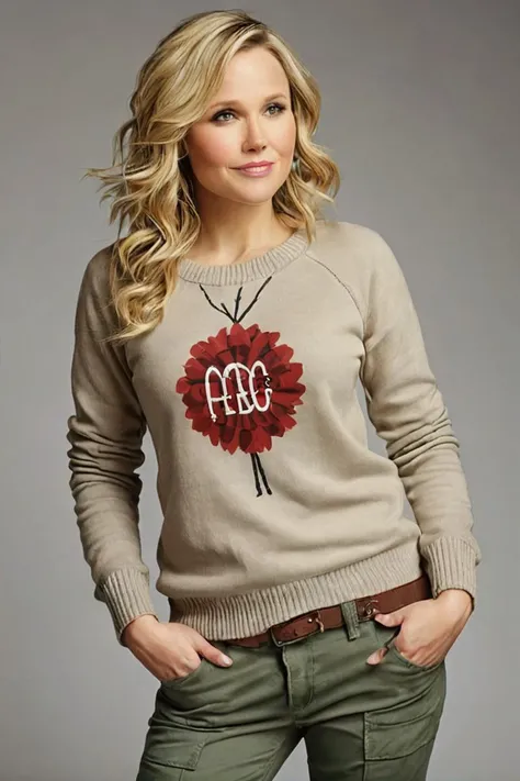 Photo of kristen bell wearing pants and a sweater,  pinup512, extremely detailed clothing