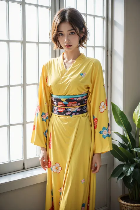 <lora:Kimono_V20:0.85>, 1girl, (yellow kimono),  (floral print), long sleeves, short hair, (upper body:0.7), standing, (cowboy shot),(masterpiece, high quality, best quality), (colorful),(delicate eyes and face), volumatic light, ray tracing, extremely det...