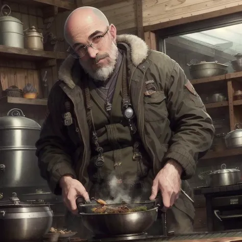 an illustration of MortNobody15 cooking dinner in a hunters cabin in the middle of winter. One man Style-Kitchen