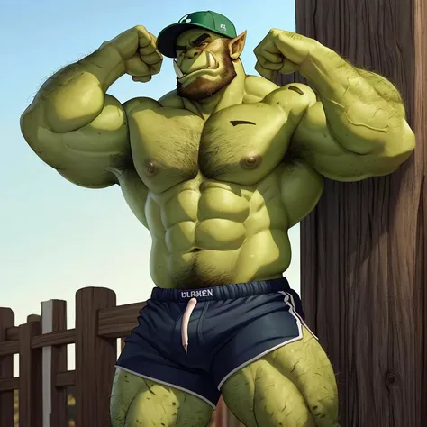 male, orc, ((green skin)), athletic shorts, baseball hat, sandals, (baseball bat), letterman jacket, white sleeveless shirt, tough, handsome, hairy arms, hairy chest, <lora:GayOrc:1>, outside, suburban neighborhood, wooden fence