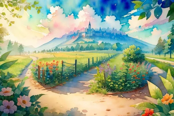 painting of a beautiful landscape with a castle in the distance