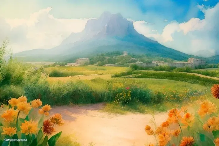 painting of a mountain with a field of flowers and a dirt road