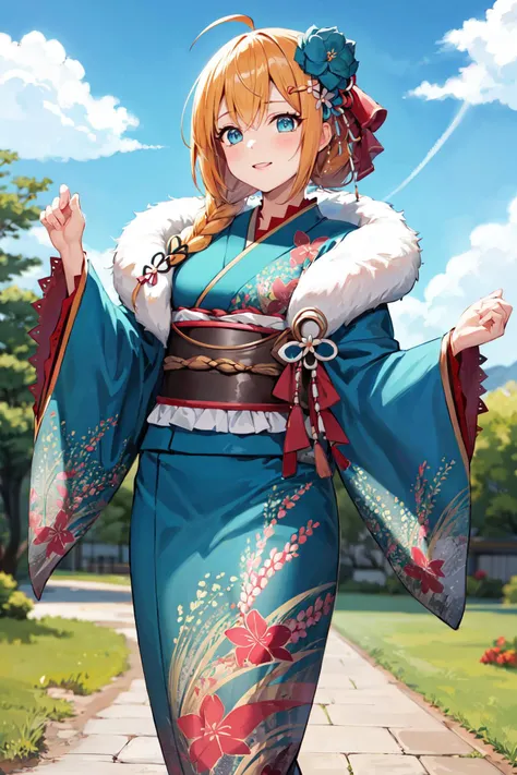 masterpiece, best quality, highres, bbpeco, ahoge, single braid, hair over shoulder, hair ornament, hair flower, blue flower, fur trim, japanese clothes, blue kimono, print kimono, wide sleeves, obi, <lora:pecorine_v1:0.7>, standing, cowboy shot, outdoors,