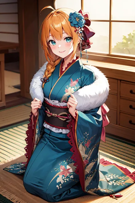 masterpiece, best quality, highres, bbpeco, ahoge, single braid, hair over shoulder, hair ornament, hair flower, blue flower, fur trim, japanese clothes, blue kimono, print kimono, wide sleeves, obi, <lora:pecorine_v1:0.7>, kneeling, smile, indoors