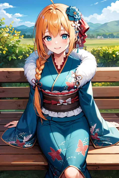 masterpiece, best quality, highres, bbpeco, ahoge, single braid, hair over shoulder, hair ornament, hair flower, blue flower, fur trim, japanese clothes, blue kimono, print kimono, wide sleeves, obi, <lora:pecorine_v1:0.7>, sitting, outdoors, bench, smile