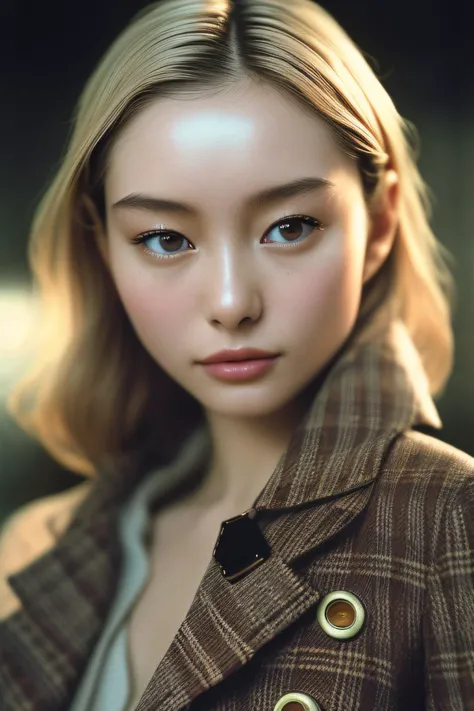 a photo of (((medidum body))) 30yo woman ShioliKutsuna01, 1girl, solo, waist, hip, detailed skin, dress, ((Vivienne Westwood-inspired winter outfit, plaid peacoat, distressed skinny jeans)), Photorealistic, Hyperrealistic, Hyperdetailed, analog style, soft...