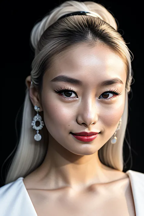 A medium body of beautiful young woman (ShioliKutsuna01), platinum yellow hair, long curvy volumous hair, (afro perm:.7), regular eyebrows, natural thin lips, Geisha makeup with red lipstick, perfect teeth, (white shirt, bare shoulders), earing, jewelery, ...