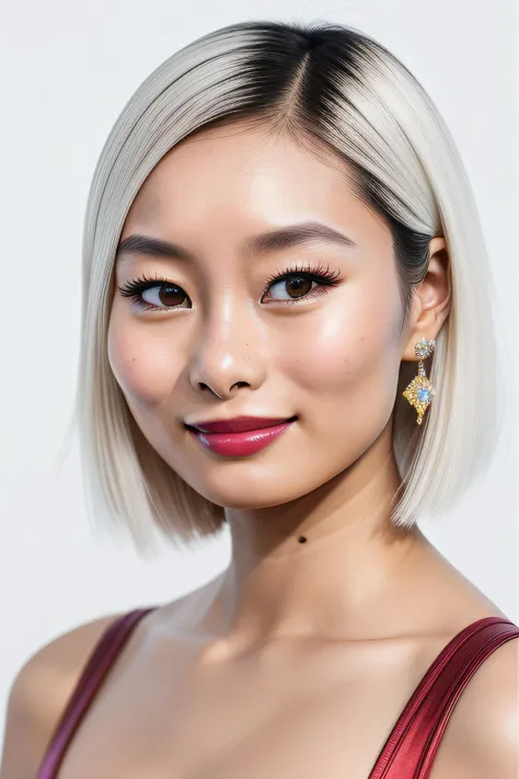 A medium body of beautiful young woman  (ShioliKutsuna01), platinum yellow hair, regular eyebrows, natural thin lips, Geisha makeup with red lipstick, perfect teeth, (white shirt, bare shoulders), earing, jewelery, neck, chin, ultra realistic, Photorealist...