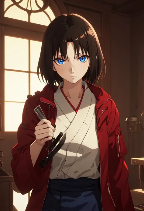 best quality, masterpiece, highres, solo, (ryougi_shiki_karanokyoukai:1.10), 1girl, red jacket, blue eyes, knife, blue kimono, anime_style, 7 <lora:ryougi_shiki_karanokyoukai:0.80>