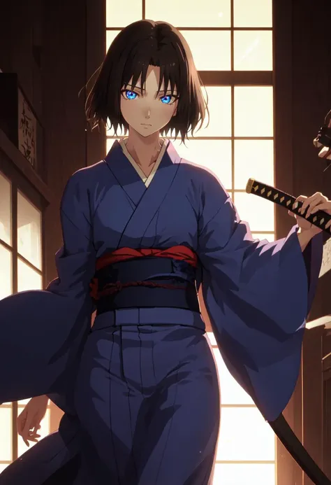 best quality, masterpiece, highres, solo, (ryougi_shiki_karanokyoukai:1.10), 1girl, blue eyes, kimono, katana, 1boy, glowing, solo focus, anime_style, 10 <lora:ryougi_shiki_karanokyoukai:0.80>