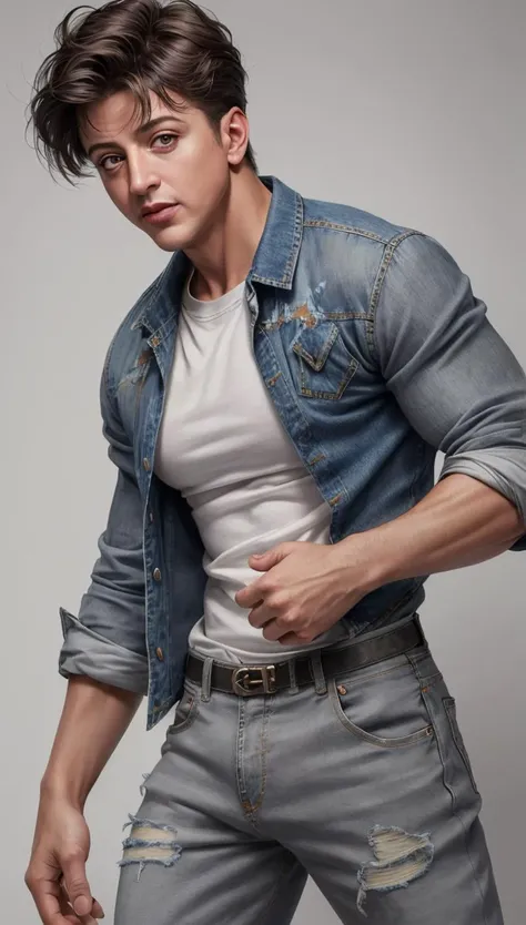 a man in a denim jacket and jeans posing for a picture