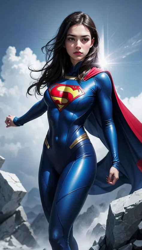 a woman in a superman costume standing on a rock