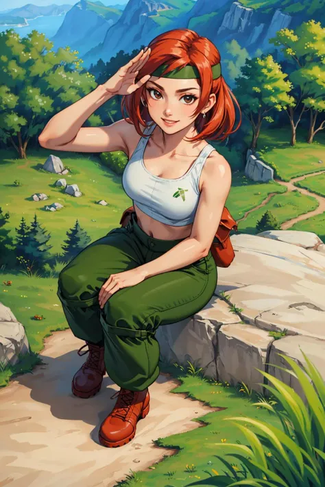 masterpiece, best quality, sami, green headband, white tank top, midriff, green pants, pouch, combat boots, crouching, from above, looking at viewer, smile, salute, rock formations <lora:sami-nvwls-v1-000012:0.9>