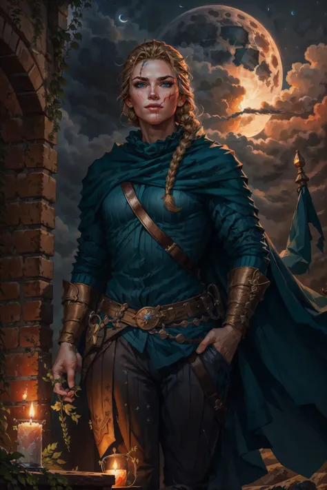 (masterpiece, top quality, best quality, official art, detailed:1.2), <lora:queen_meve:0.7>, queen_meve, braid, single braid, blue eyes, scar on face, green shirt, pants, cape, night, flowers, candlelight, sky clouds, moon,